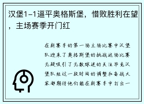汉堡1-1逼平奥格斯堡，惜败胜利在望，主场赛季开门红