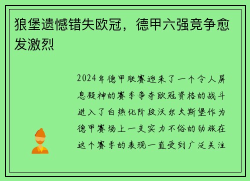 狼堡遗憾错失欧冠，德甲六强竞争愈发激烈